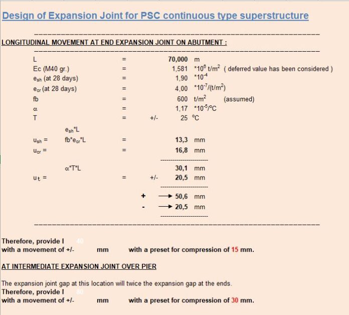 Design Of Expansion Joint For PSC Continuous Type Superstructure Spreadsheet