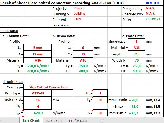 Check Of Shear Plate Bolted Connection Spreadsheet