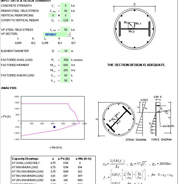 Composite Element Design Based On AISC 360-10 and ACI 318-14 Spreadsheet