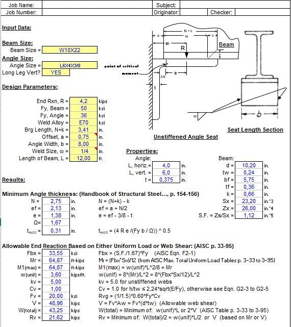 Flexible Seat Angle Reaction Analysis Spreadsheet