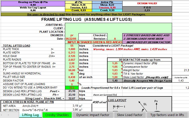 Frame Lifting Lug Design And Calculation Spreadsheet