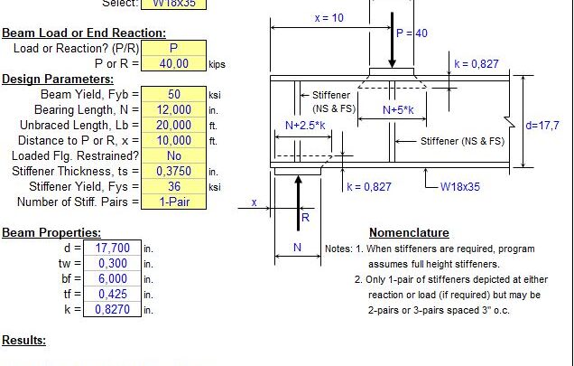 Steel Beam Web Stiffener Analysis Spreadsheet