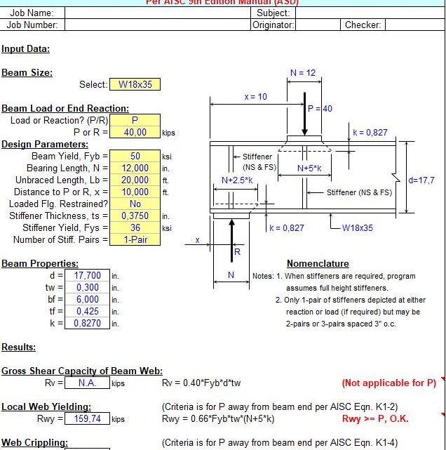 Steel Beam Web Stiffener Analysis Spreadsheet