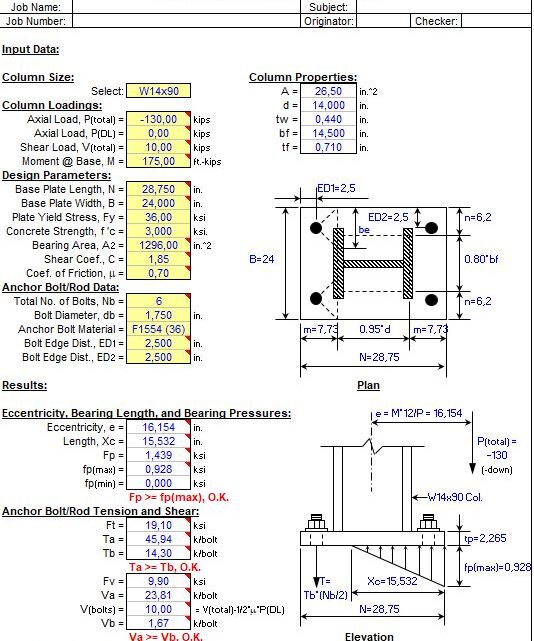 Steel Column Base Plate Analysis Spreadsheet