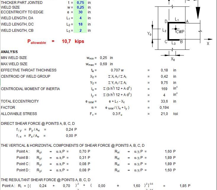 Weld Capacity Of Eccentric Connection Based on AISC-ASD Spreadsheet