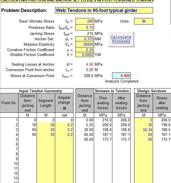 Calculating Friction And Anchor Set Losses In Post-Tensioned Tendons Spreadsheet