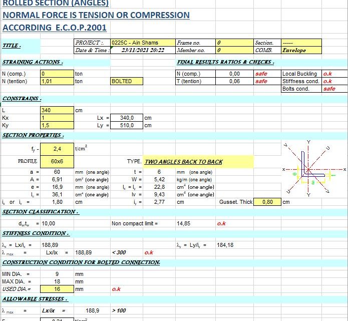 Check Of Normal Stresses On Rolled Section (Angles) Spreadsheet