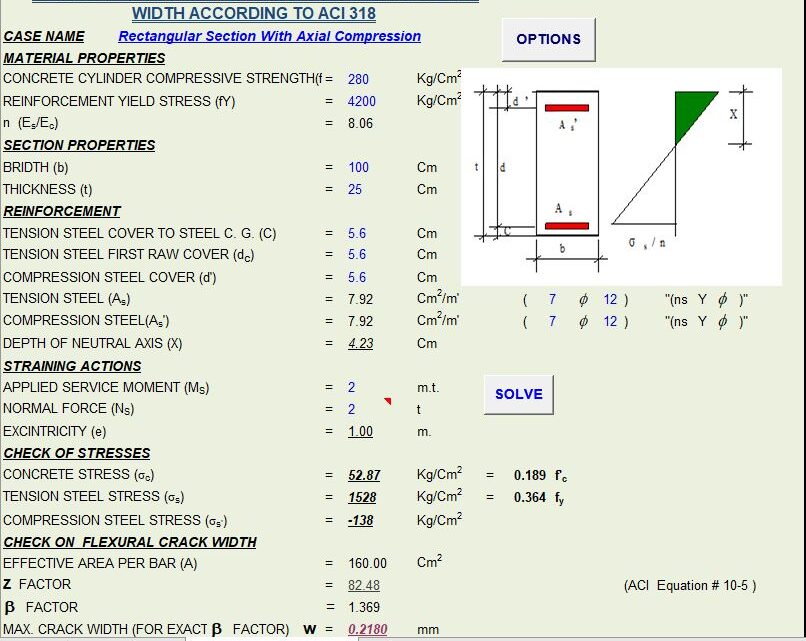 Check Of Working Stresses And Maximum Crack Width According to ACI 318 Spreadsheet