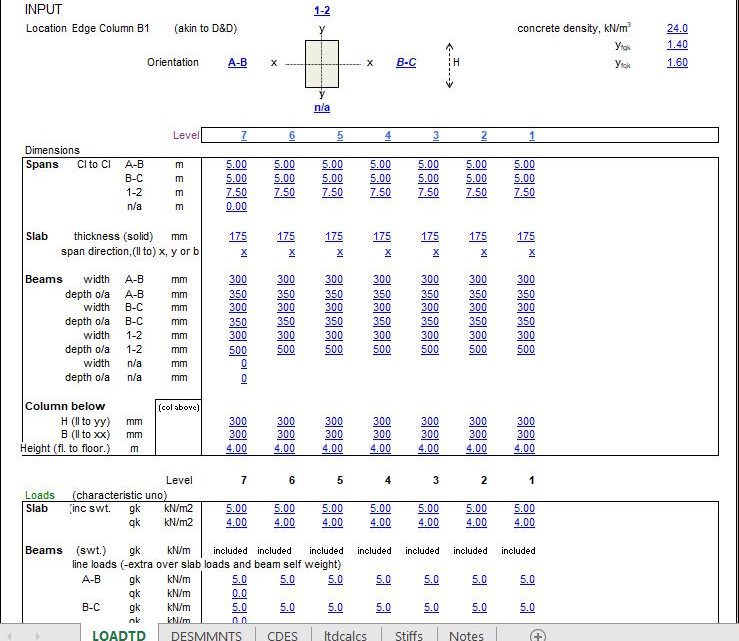 Column Load Take Down And Design For symmetrically Reinforced Rectangular Concrete Spreadsheet