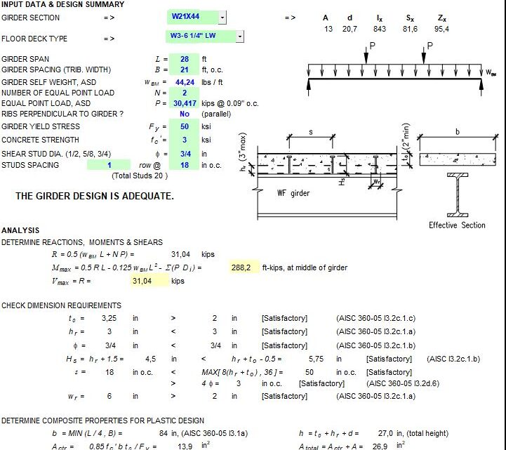 Composite Floor Girder Design Spreadsheet