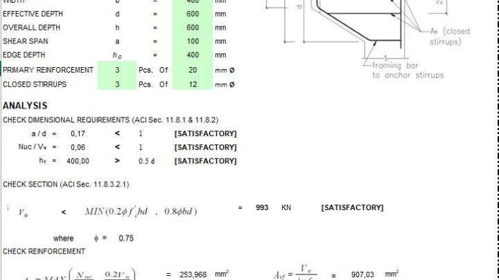 Corbel Design and Calculation As Per IBC 06 and ACI 318-08 Spreadsheet