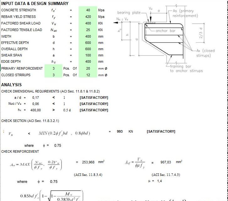 Corbel Design and Calculation As Per IBC 06 and ACI 318-08 Spreadsheet