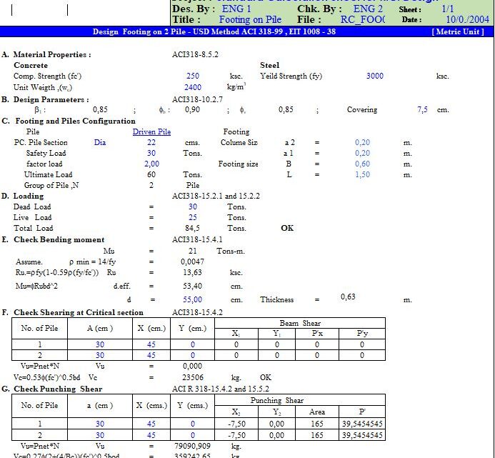 Design Footing on Two Piles As Per ACI 318-99 Spreadsheet