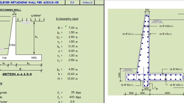 Design Of Cantiliver Retaining Wall Per ACI318-05 Spreadsheet