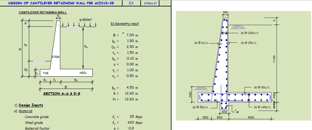 Design Of Cantiliver Retaining Wall Per ACI318-05 Spreadsheet