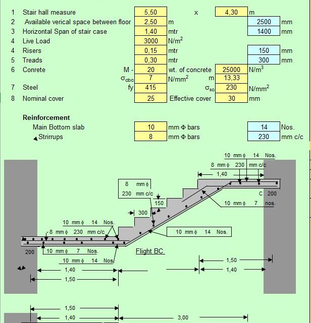 Design Of Stair With Quarter Space Landing Spreadsheet