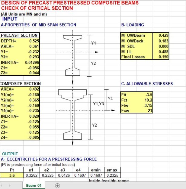 Design and Calculation of Precast Prestressed Composite Beams Spreadsheet