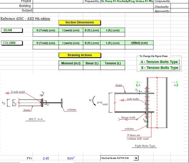 Extended End Plate Moment Connection Design According to AISC-ASD Spreadsheet