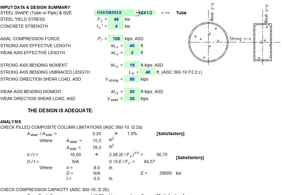 Filled Composite Column Design Spreadsheet Based on AISC and ACI Codes
