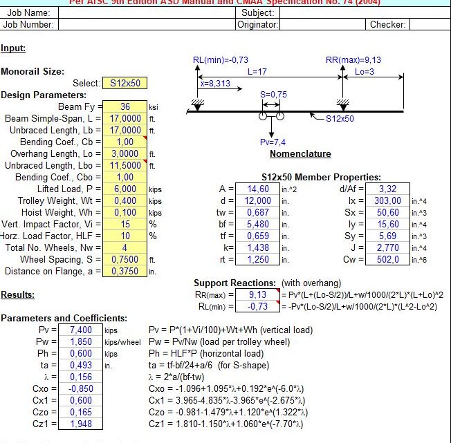 Monorail Beam Analysis and Calculation Spreadsheet