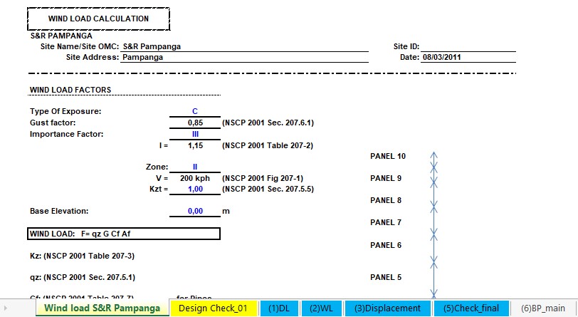 Pylon Wind Load Calculation Spreadsheet