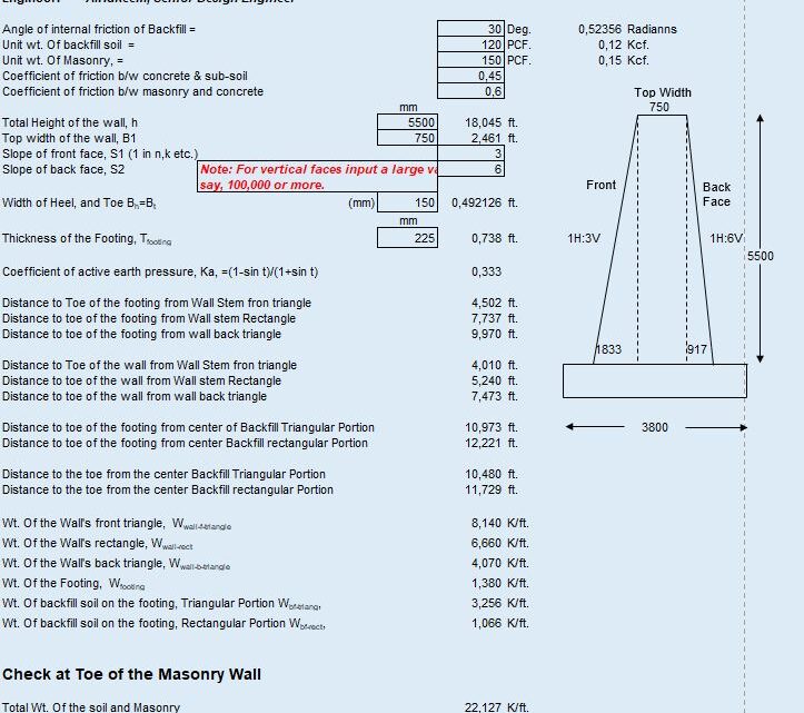 Retaining Wall Masonry Design and Calculation Spreadsheet