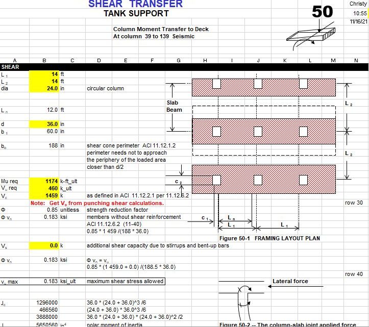 Slab-Column Moment Shear Transfer Tank Support Spreadsheet