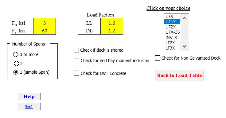 Form Deck Slab Tables Spreadsheet