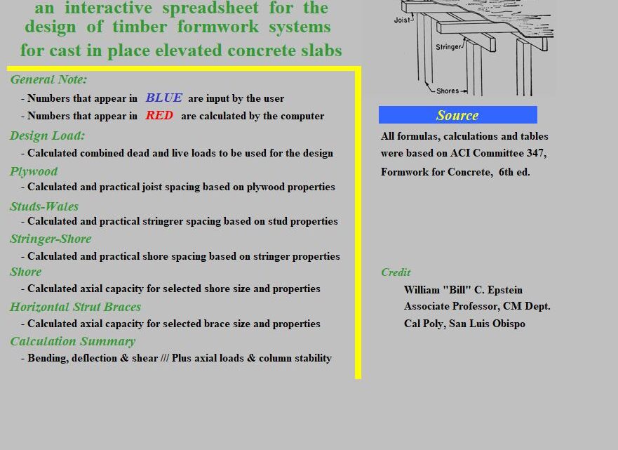 An interactive spreadsheet for the design of timber formwork systems for cast in place elevated concrete slabs