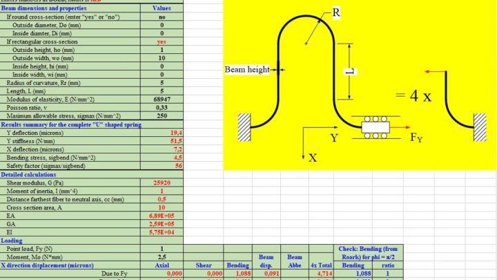 Beam Curved Spring Analysis Spreadsheet