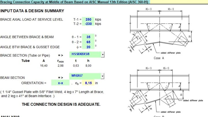 Bracing Connection Capacity At Middle Of Beam Based on AISC Manuel 13th Edition Spreadsheet