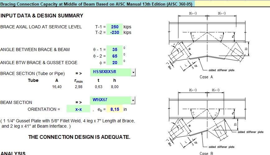 Bracing Connection Capacity At Middle Of Beam Based on AISC Manuel 13th Edition Spreadsheet