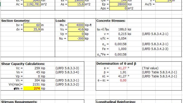 Concrete Section Shear Capacity By AASHTO LRFD Bridge Design Specifications Spreadsheet