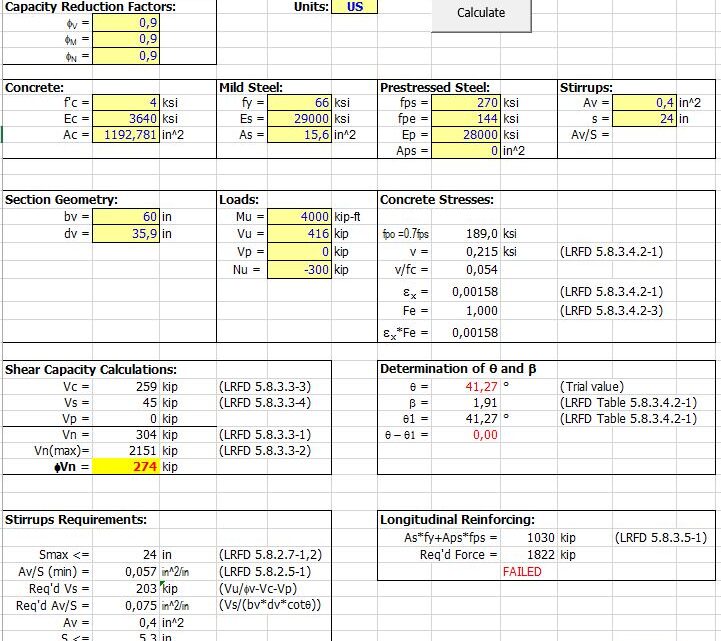 Concrete Section Shear Capacity By AASHTO LRFD Bridge Design Specifications Spreadsheet
