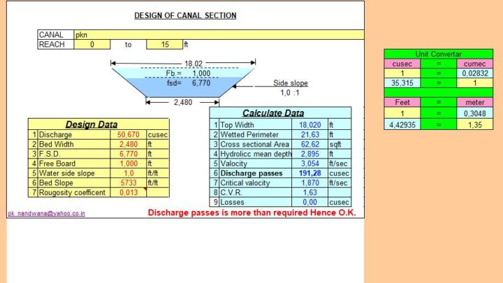 Design and Calculation Of Canal Section Spreadsheet