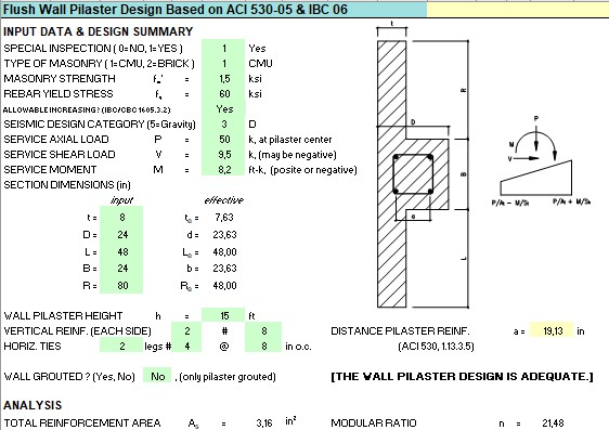 Flush Wall Pilaster Design Based on ACI 530-05 and IBC 06 Spreadsheet