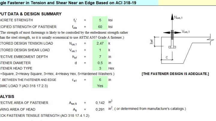 Single Fastener In Tension And Shear Near an Edge On ACI 318-19 Spreadsheet