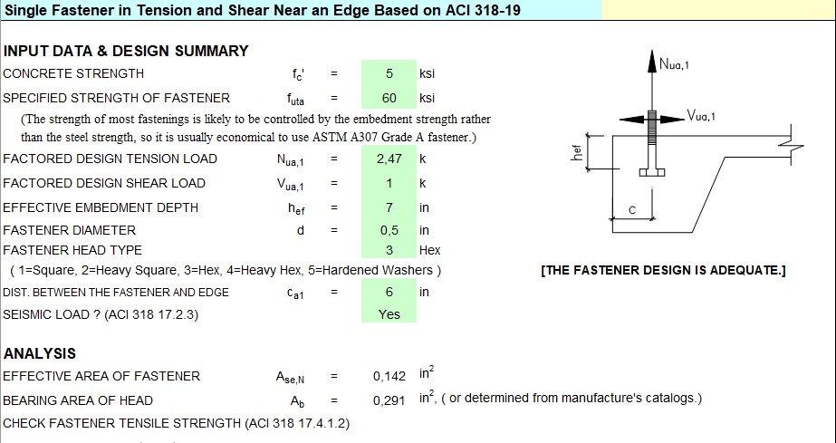 Single Fastener In Tension And Shear Near an Edge On ACI 318-19 Spreadsheet