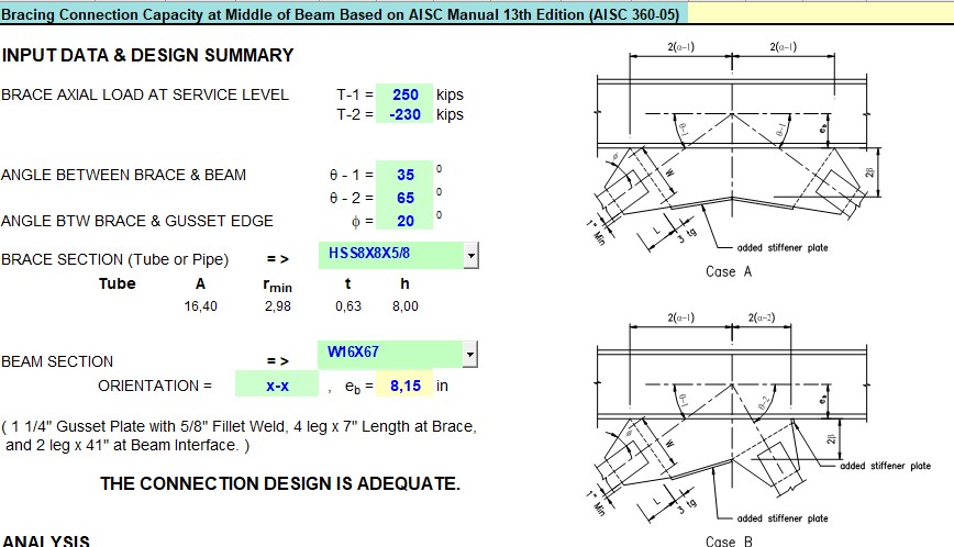 Bracing Connection Capacity At Middle Of Beam Based on AISC Manuel 13th Edition Spreadsheet Bracing Connection Capacity At Middle Of Beam Based on AISC Manuel 13th Edition Spreadsheet
