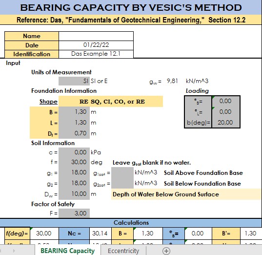 Bearing Capacity By Vesic’s Method Spreadsheet