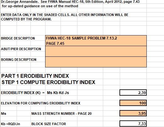 Calculation Of Bridge Scour Using The Erodibility Index Method Spreadsheet
