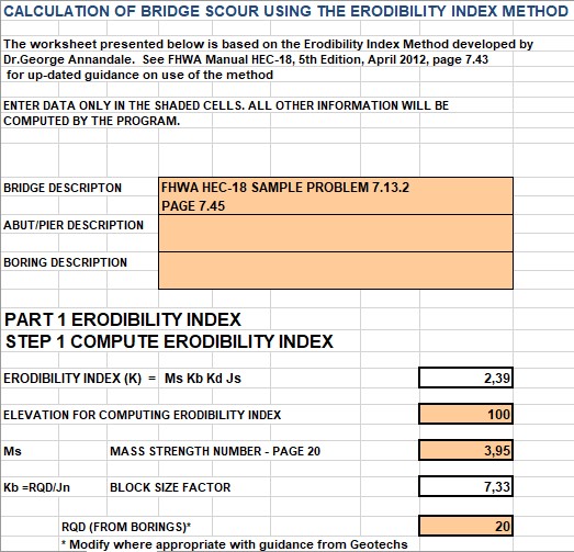 Calculation Of Bridge Scour Using The Erodibility Index Method Spreadsheet