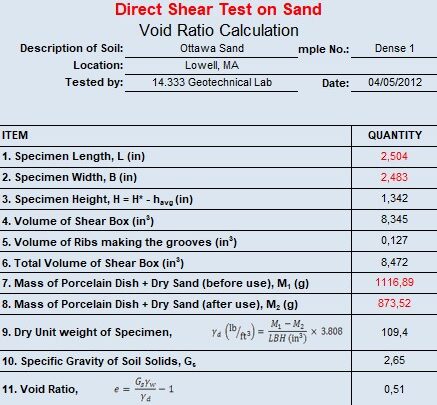 Direct Shear Test On Sand Void Ratio Calculation Spreadsheet