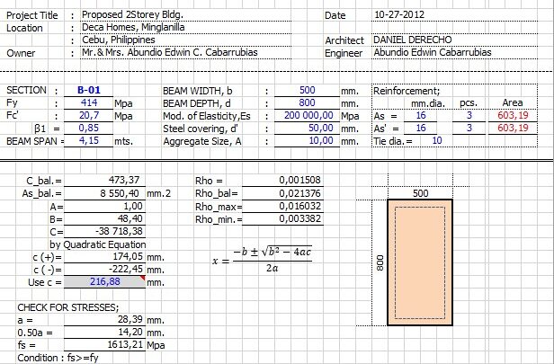 Doubly Reinforced Beam Calculation Excel Sheet