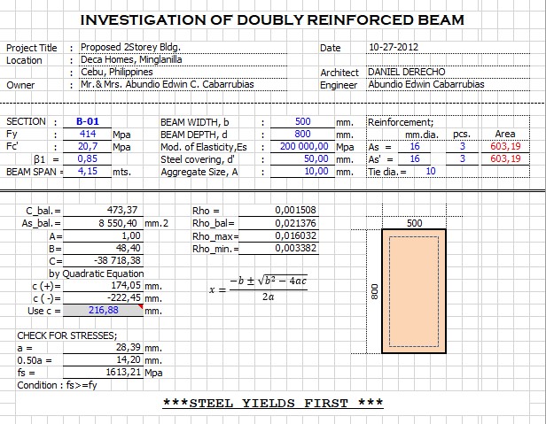 Doubly Reinforced Beam Calculation Excel Sheet