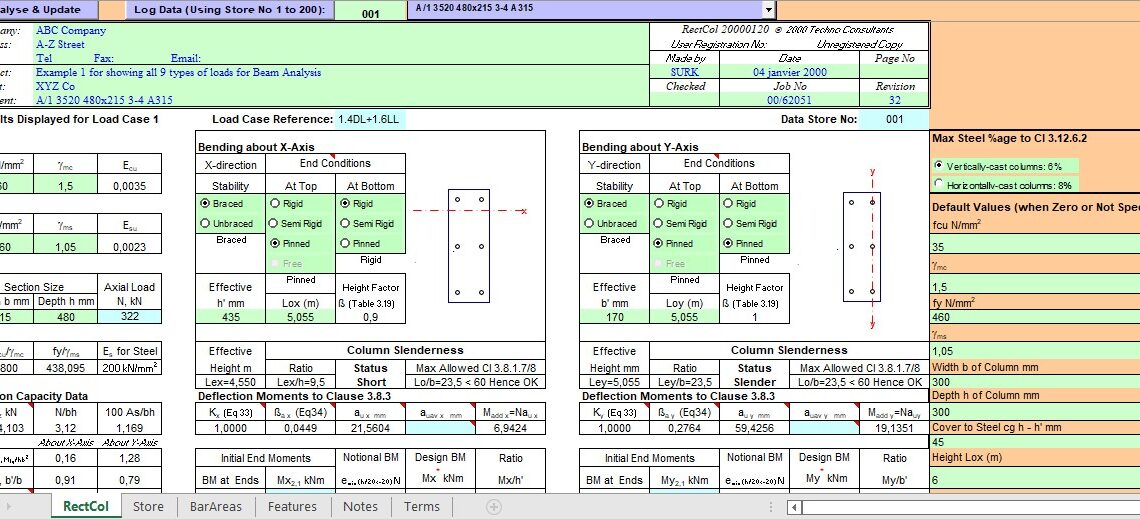 Rectangular Column Design and Calculation Spreadsheet