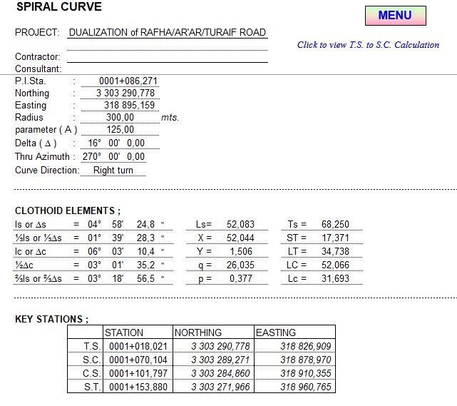 Road Spiral Curve (Clothoid Calculation) Spreadsheet