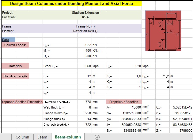 Design Beam-Columns Under Bending Moment and Axial Force Spreadsheet