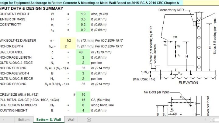 Design for Equipment Anchorage to Bottom Concrete and Mounting on Metal Wall Spreadsheet