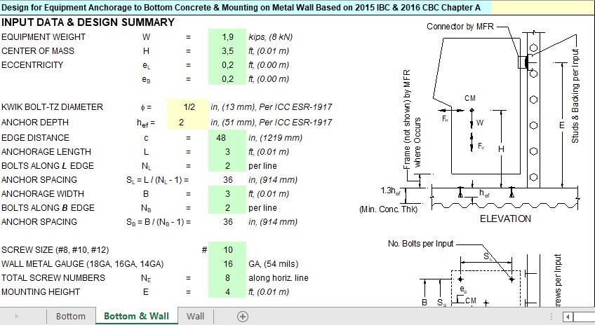 Design for Equipment Anchorage to Bottom Concrete and Mounting on Metal Wall Spreadsheet